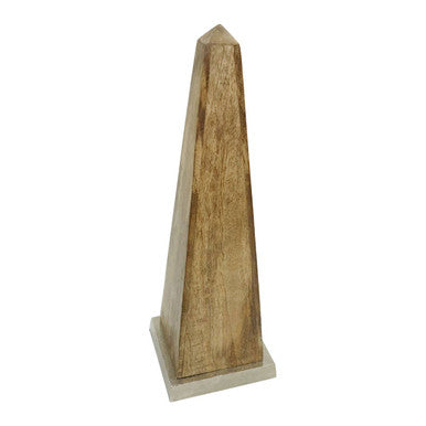 A large obelisk ornament with a weathered golden brown finish and a square base perfect for garden decor