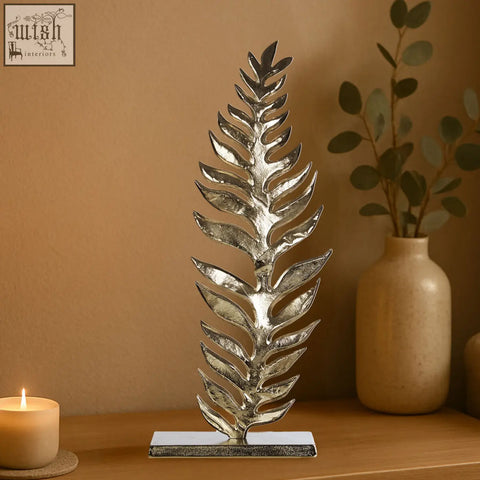 Silver leaf sculpture hampstead leaf sculpture with rough nickel finish on white base for home decor