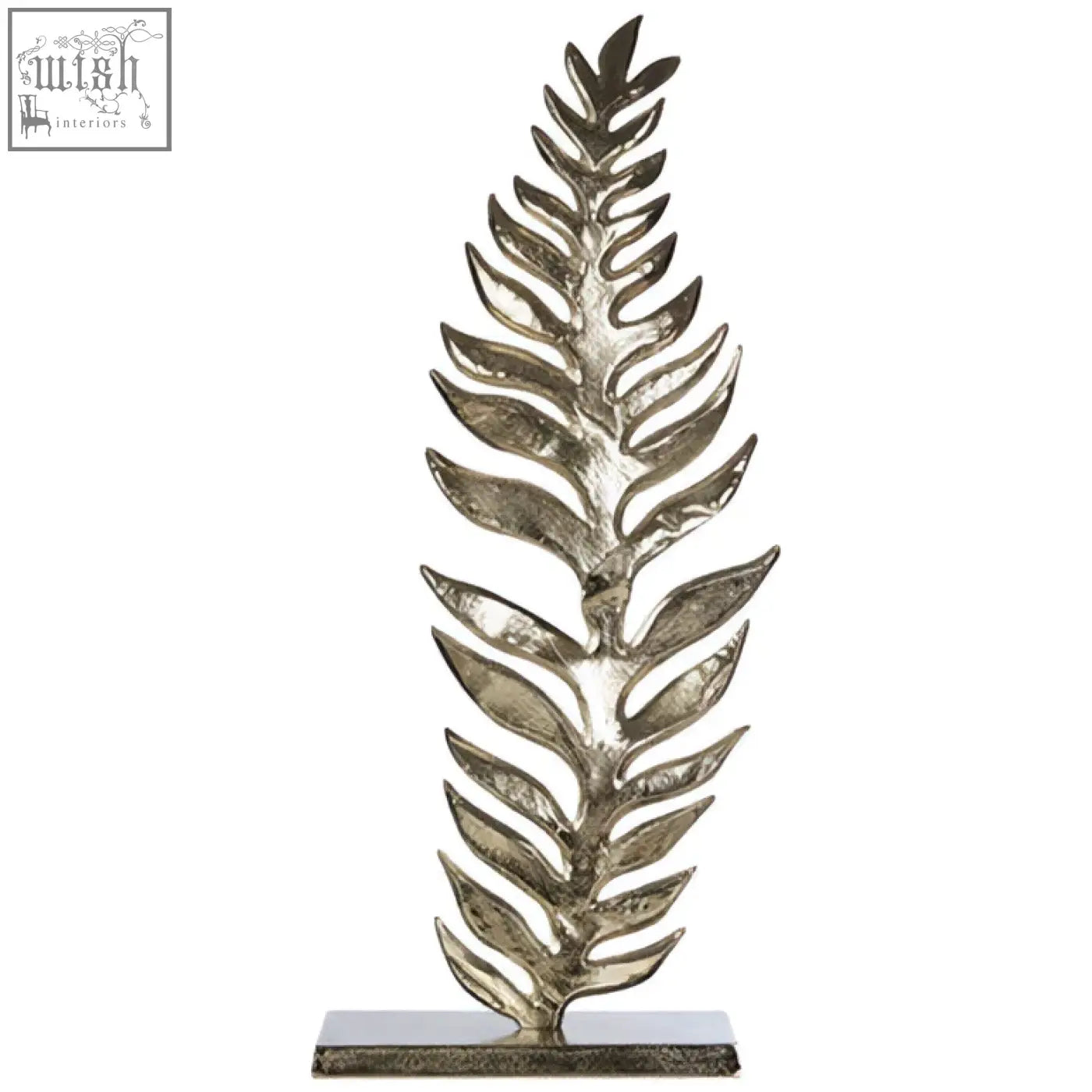 Silver leaf sculpture with detailed fern leaf patterns on a flat rough nickel rectangular base called hampstead leaf sculpture