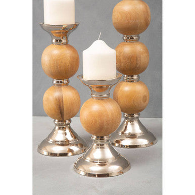 Set of three hampstead medium pillar candle holders with wooden and silver spherical designs