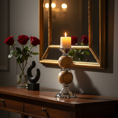 Hampstead medium pillar candle holder with two polished wooden spheres silver band and reflective chrome base