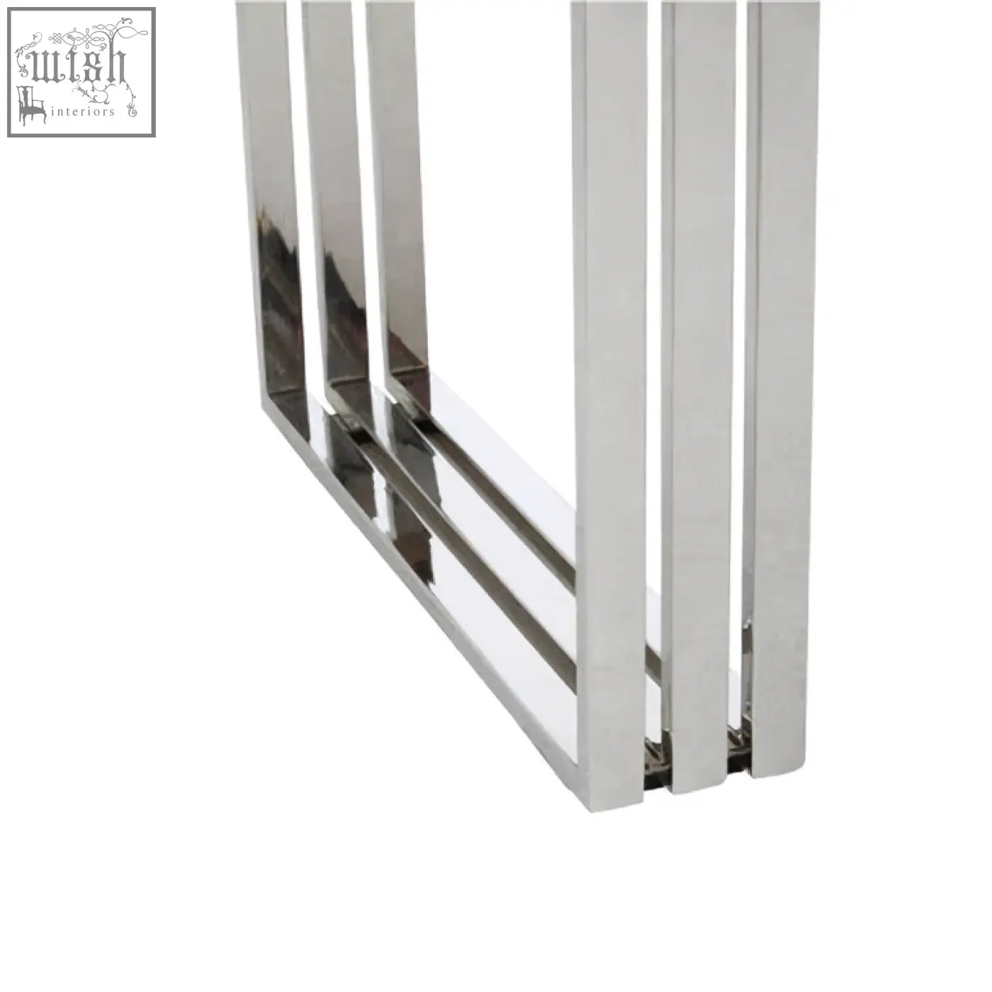 Chrome finished metal console table with sleek vertical bars as part of hampstead natural and silver dining table set