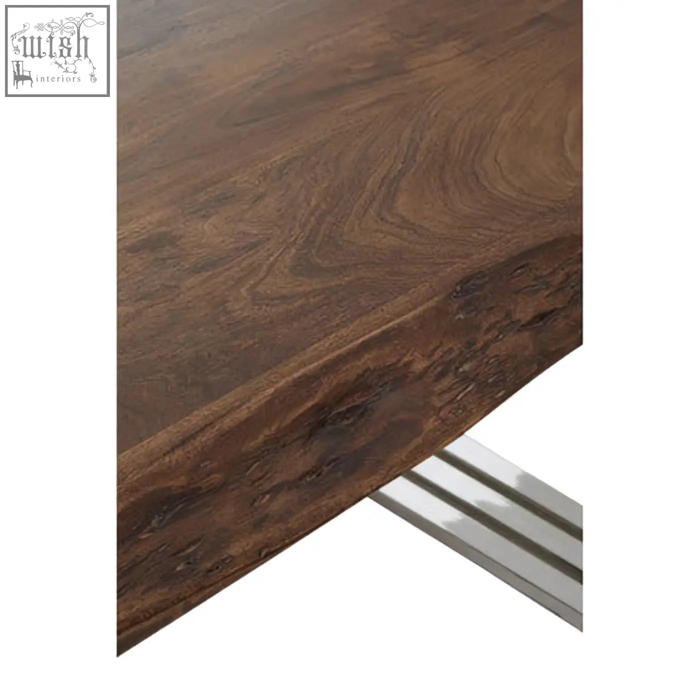 Dark brown wooden dining table with live edge and sleek silver dining table legs in hampstead natural and silver style