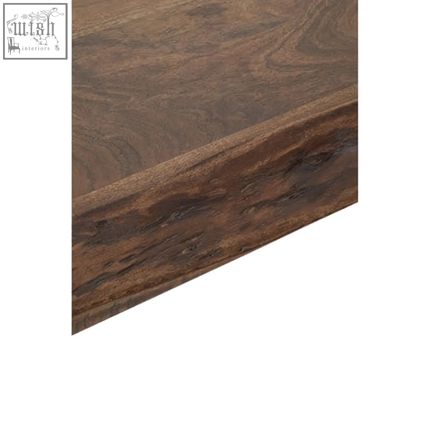 Dark brown wooden surface with visible grain and natural edge on hampstead natural and silver dining table