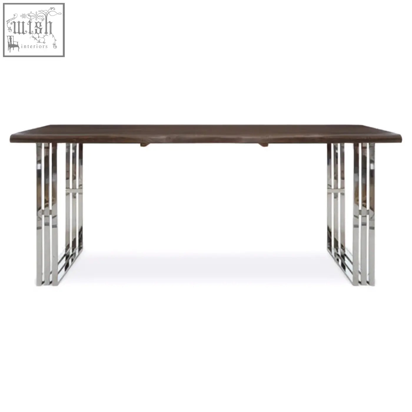 Modern hampstead natural and silver dining table with dark wood top and sleek chrome legs for stylish silver dining
