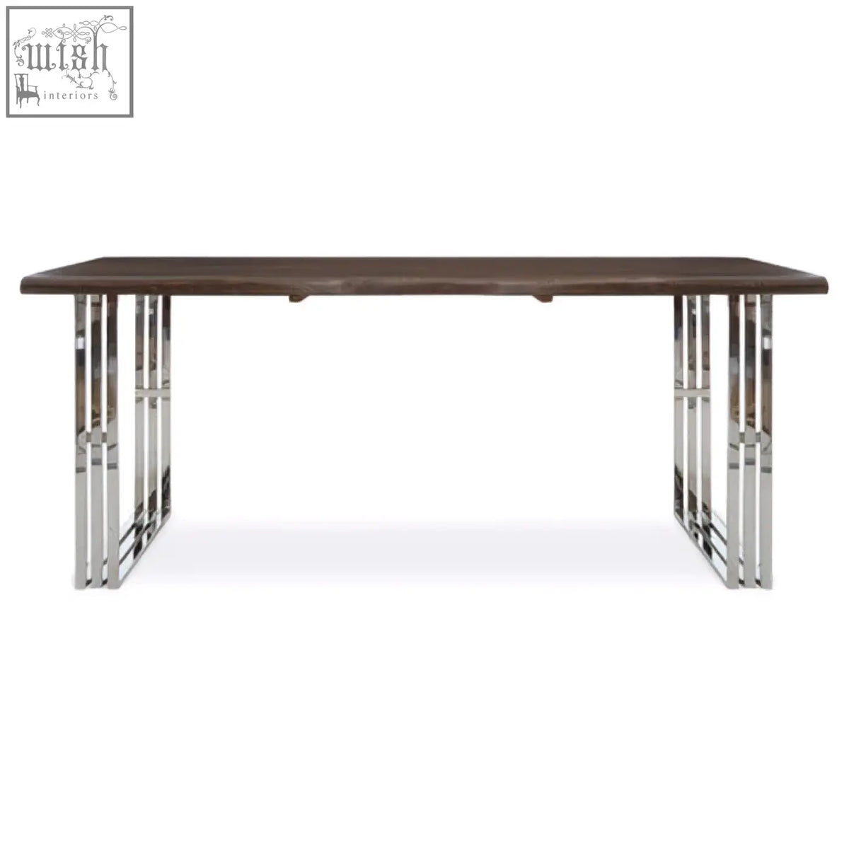 Modern hampstead natural and silver dining table with dark wood top and sleek chrome legs for stylish silver dining