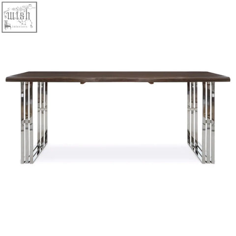Modern hampstead natural and silver dining table with dark wood top and sleek chrome legs for stylish silver dining