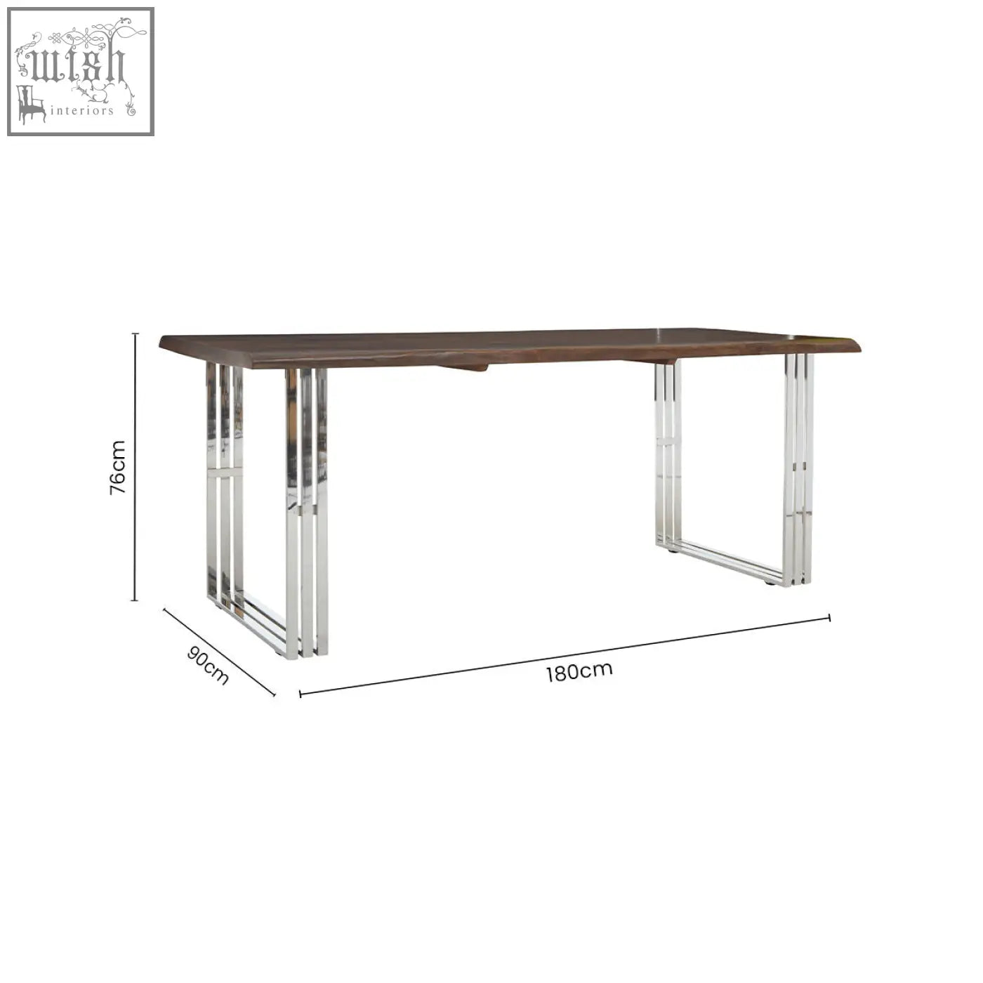 Modern rectangular hampstead natural and silver dining table with dark wood top and sleek chrome silver dining legs