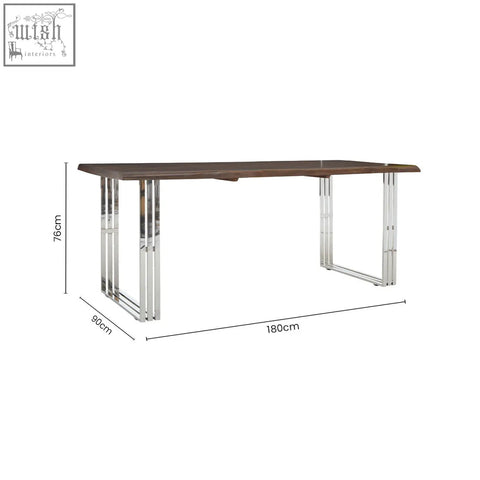 Modern rectangular hampstead natural and silver dining table with dark wood top and sleek chrome silver dining legs