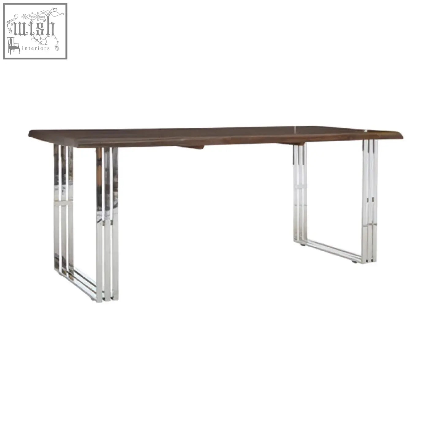 Modern rectangular hampstead natural and silver dining table with dark wood top and sleek chrome legs for silver dining