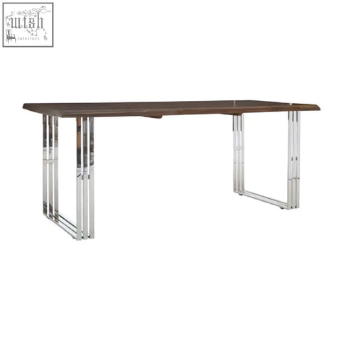 Modern rectangular hampstead natural and silver dining table with dark wood top and sleek chrome legs for silver dining