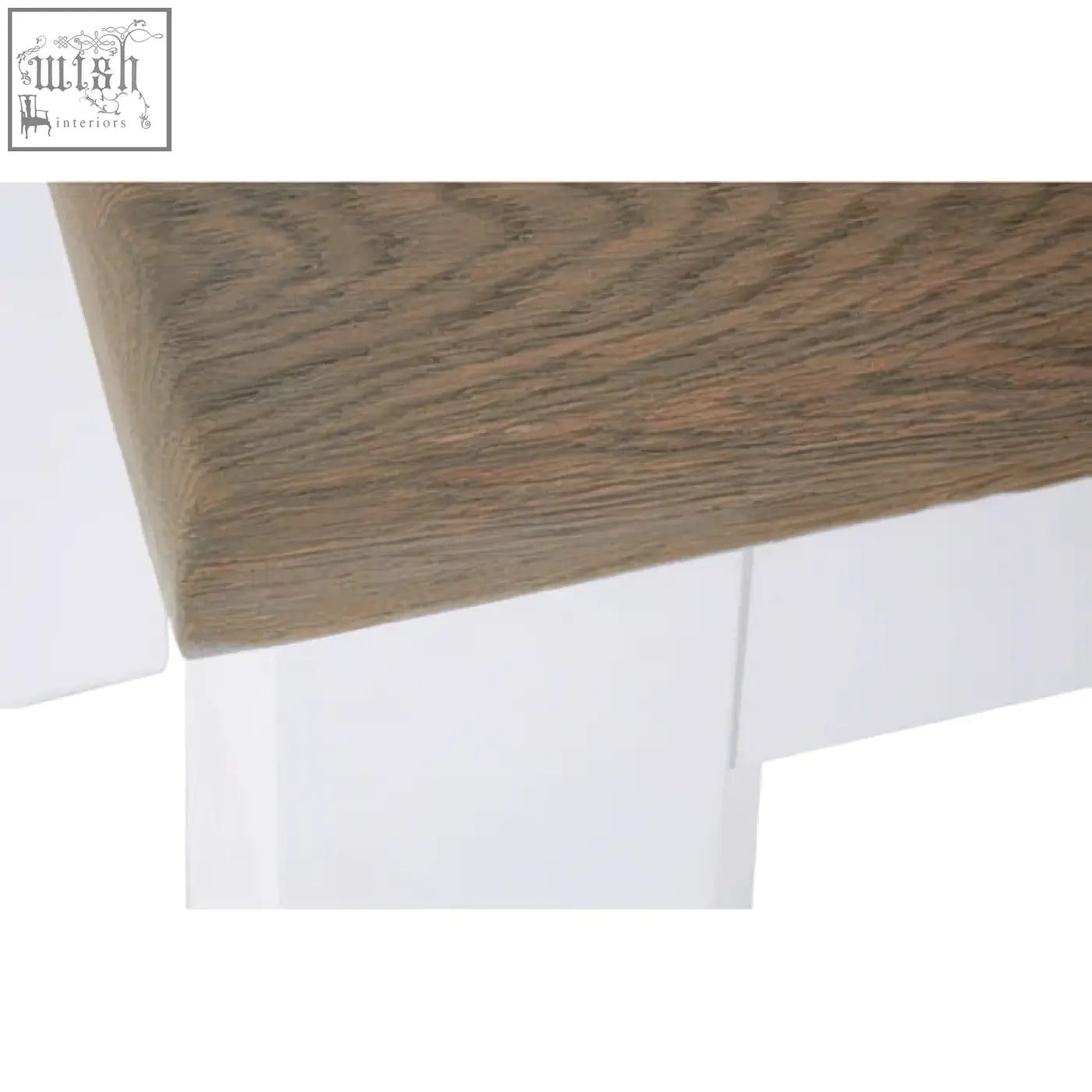 Close-up of hampstead oak light brown top with natural grain on white dining table showcasing smooth wooden surface