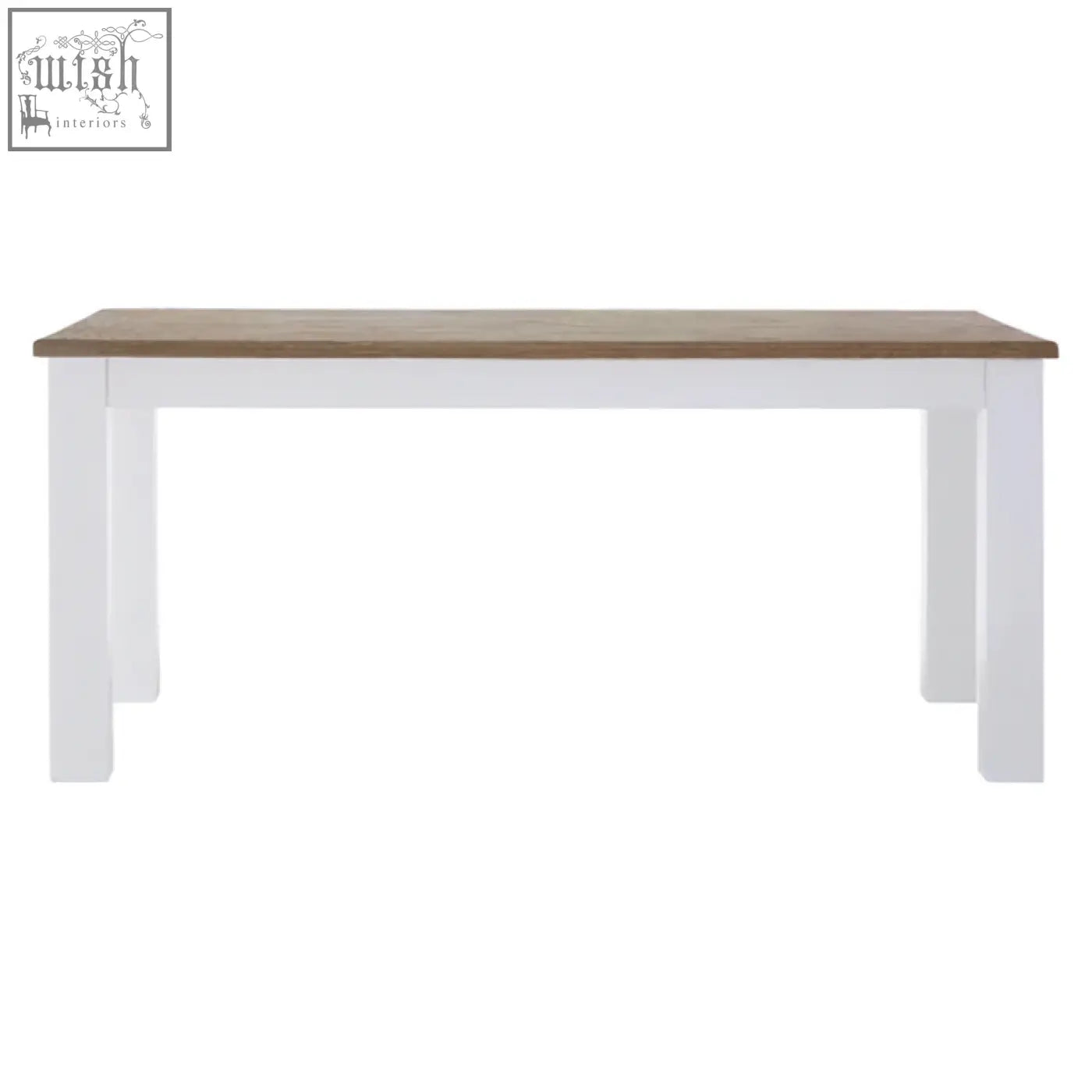 White dining table with hampstead oak natural wood top and sturdy straight legs perfect for dining rooms