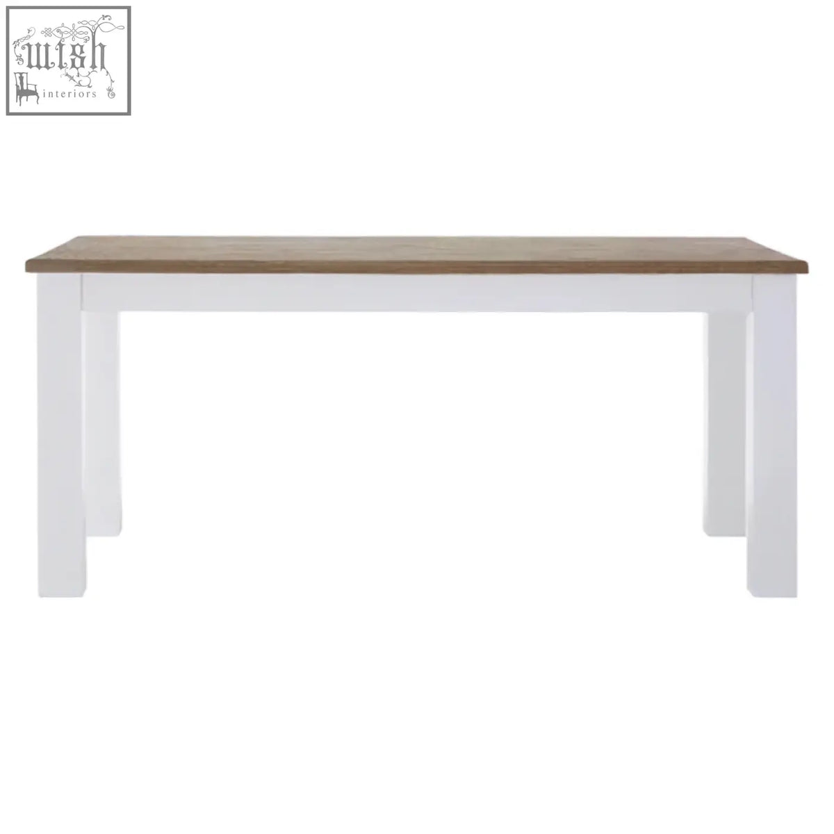White dining table with hampstead oak natural wood top and sturdy straight legs perfect for dining rooms