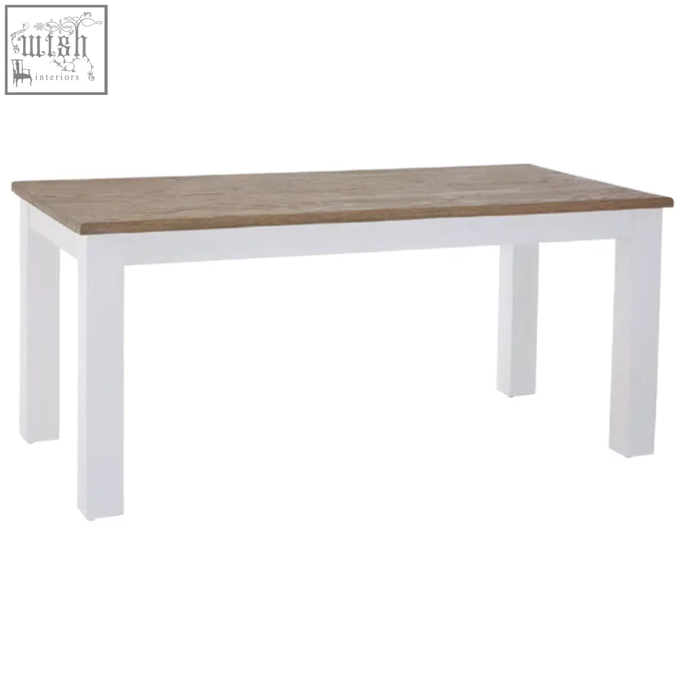 White dining table with hampstead oak light brown wooden top and white painted legs ideal for dining spaces