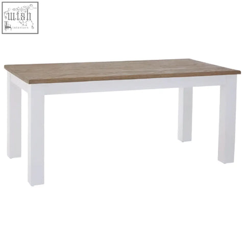 White dining table with hampstead oak light brown wooden top and white painted legs ideal for dining spaces
