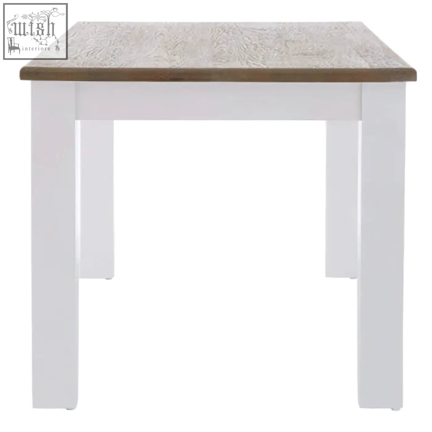 White dining table with hampstead oak rustic light brown embossed wooden top perfect for dining spaces