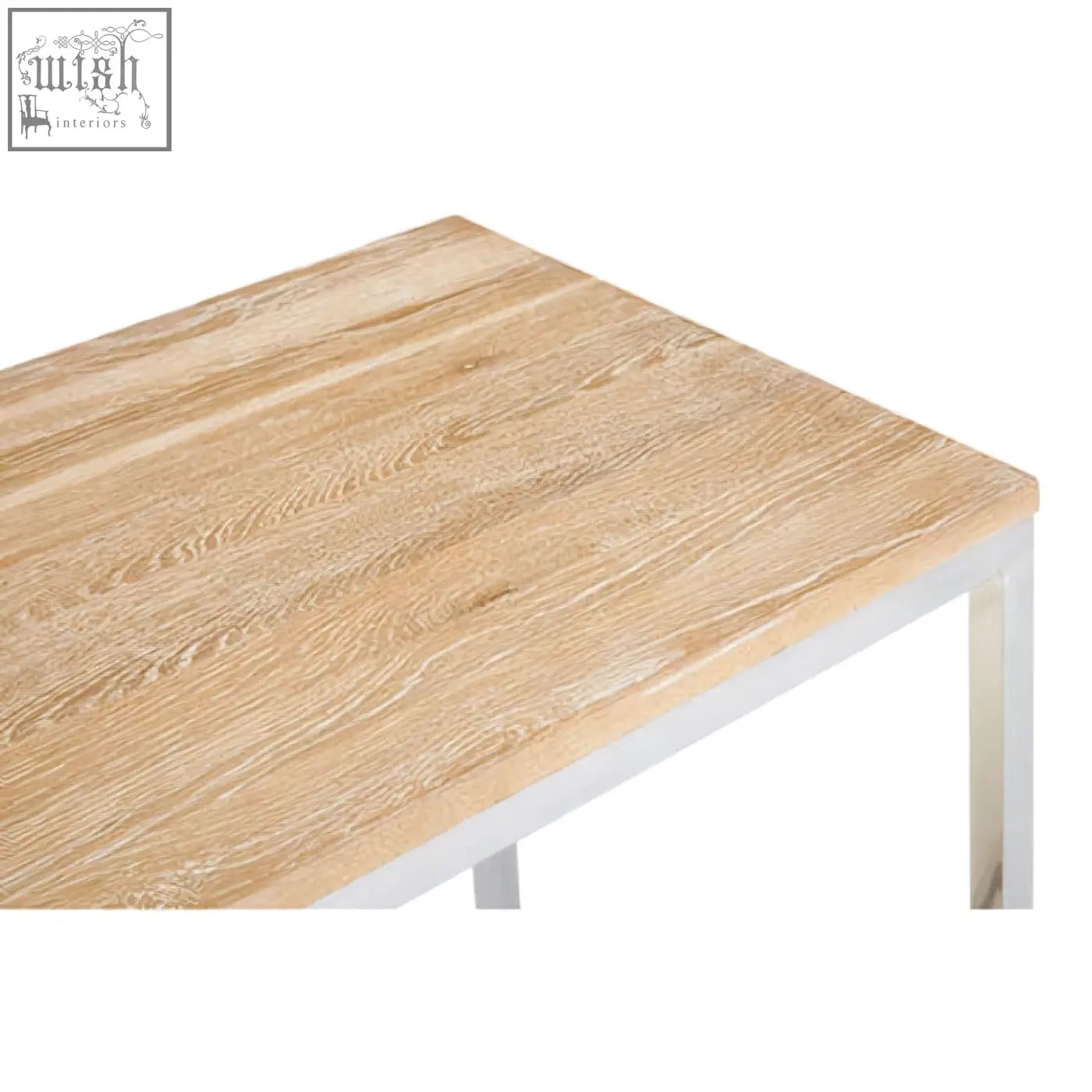 Hampstead oak wood console table with light oak wood grain tabletop and white metal legs for stylish wood console use