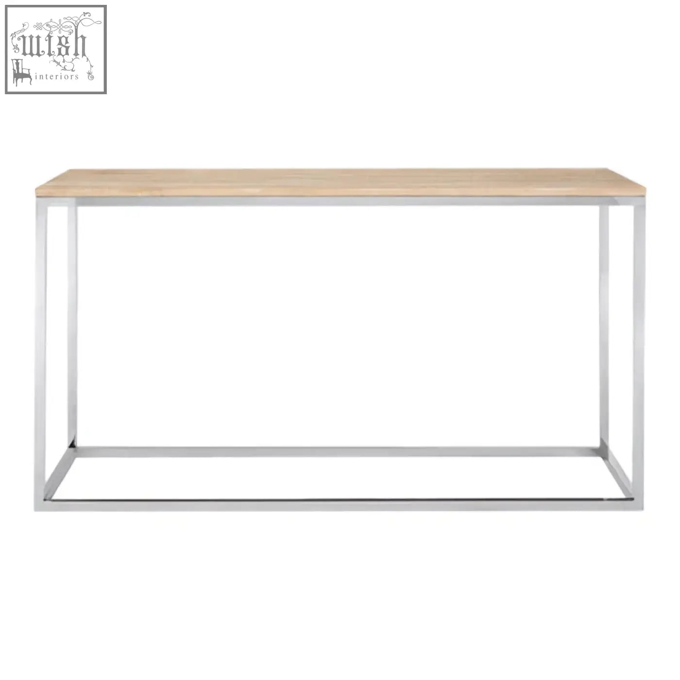 Modern hampstead oak wood console table with light oak wood top and sleek chrome metal frame for entryways