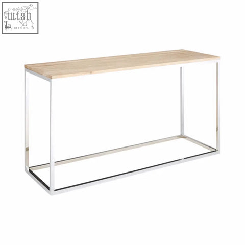 Modern hampstead oak wood console table with light oak wood top and sleek chrome metal frame wood console table