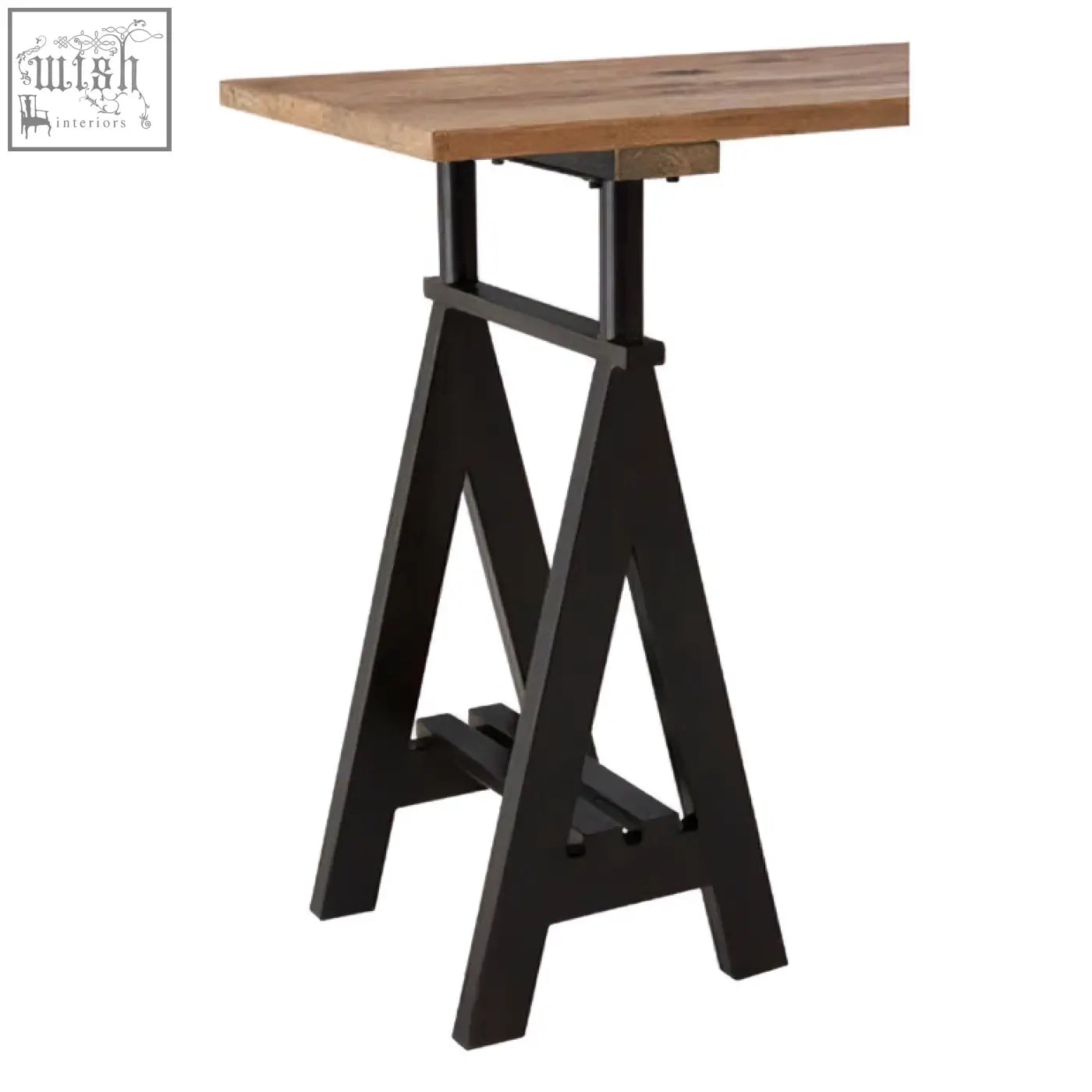 Black metal a-frame console table with rustic pine wood top and iron base perfect for entryways or living rooms