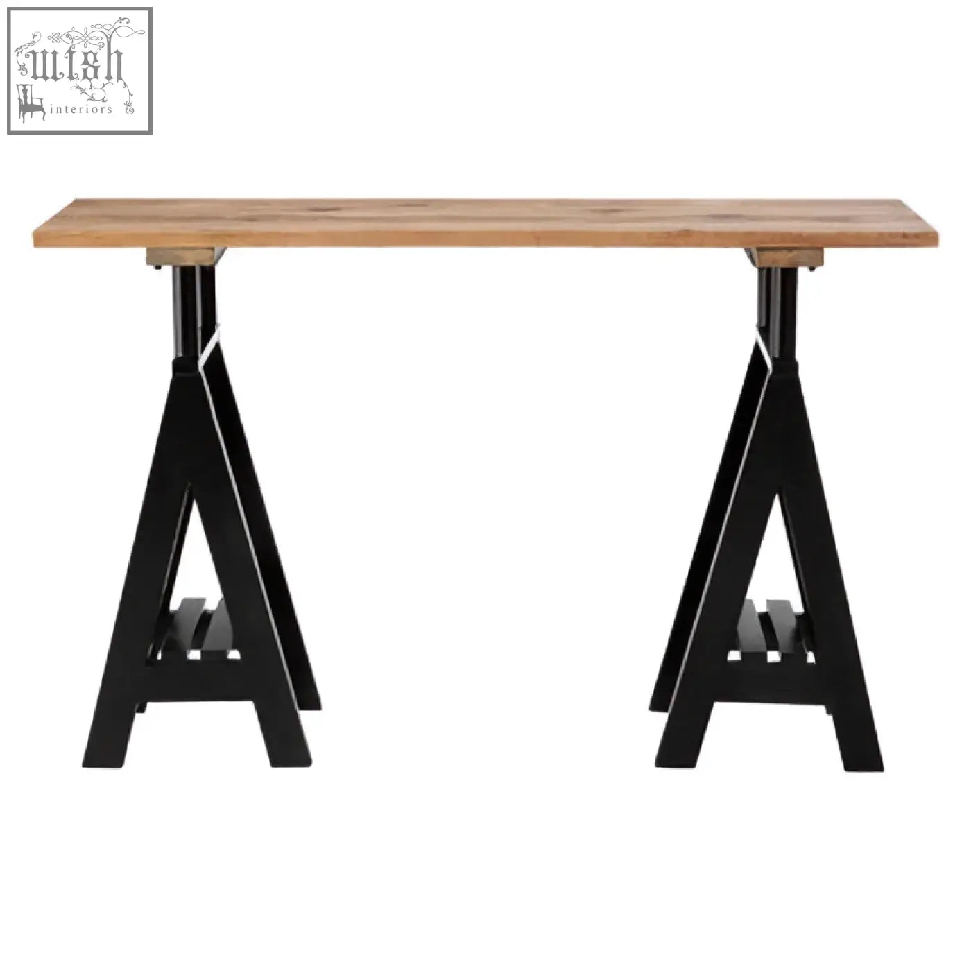 Black metal a-frame console table with a light pine wood top and sturdy iron base perfect for entryways or living rooms