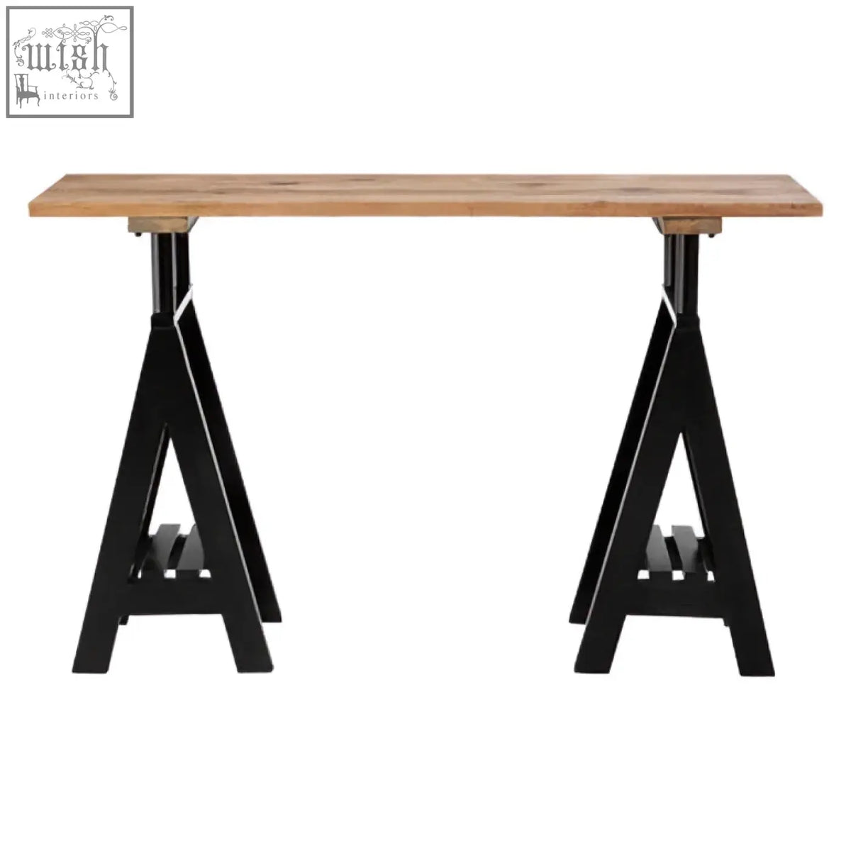 Black metal a-frame console table with a light pine wood top and sturdy iron base perfect for entryways or living rooms