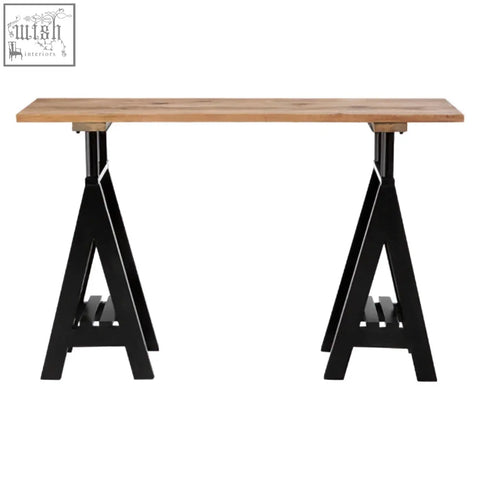 Black metal a-frame console table with a light pine wood top and sturdy iron base perfect for entryways or living rooms
