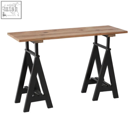 Black metal a-frame iron base console table with rustic light brown pine wood top for stylish home decor