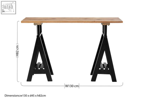 Black metal trestle console table with light pine wood top and iron base perfect for entryway or living room