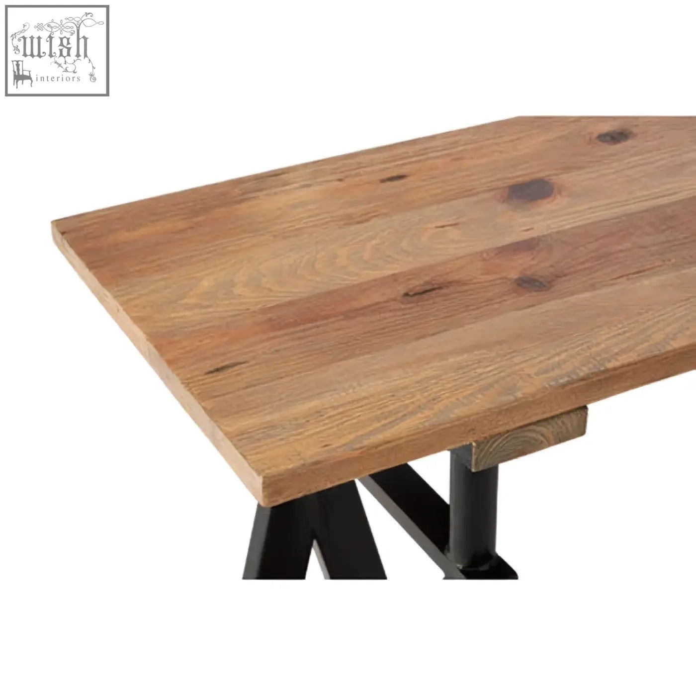 A rustic console table with pine wood top and sturdy black iron base perfect for entryways and living rooms