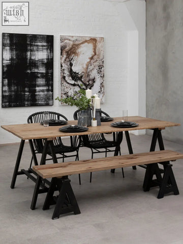 Rustic pine wood console table with black iron base and matching bench perfect for dining or entryway use