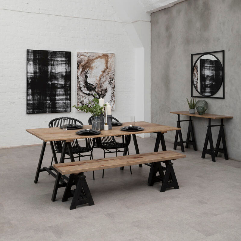 Light wood dining table and bench with black metal a-frame legs made from hampstead pine wood for stylish dining