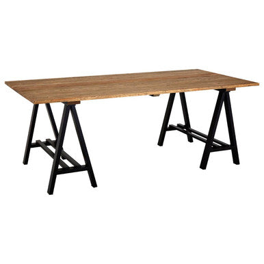 Rustic hampstead pine wood dining table with black metal a-frame legs and natural pine wood finish