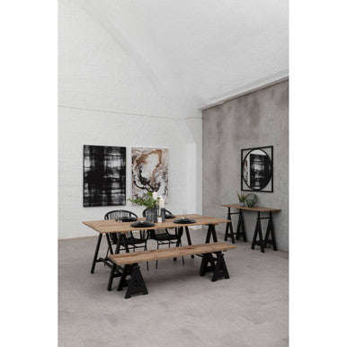 Rustic hampstead pine wood dining table with black iron a-frame legs perfect for cozy meals and gatherings