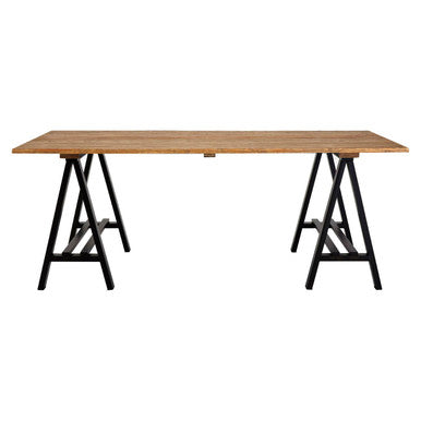 A sleek hampstead pine wood dining table with black metal a-frame legs perfect for minimalist dining spaces