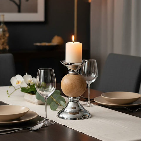 Hampstead small pillar candle holder with polished chrome base and warm wooden spherical accent for small pillar candles