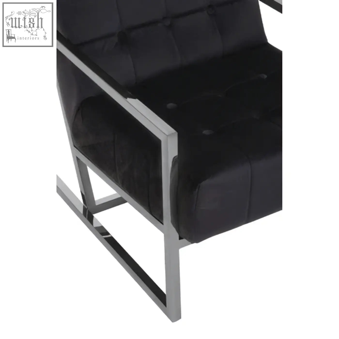 Black velvet chair with tufted leather seat and sleek stainless steel frame perfect for modern spaces