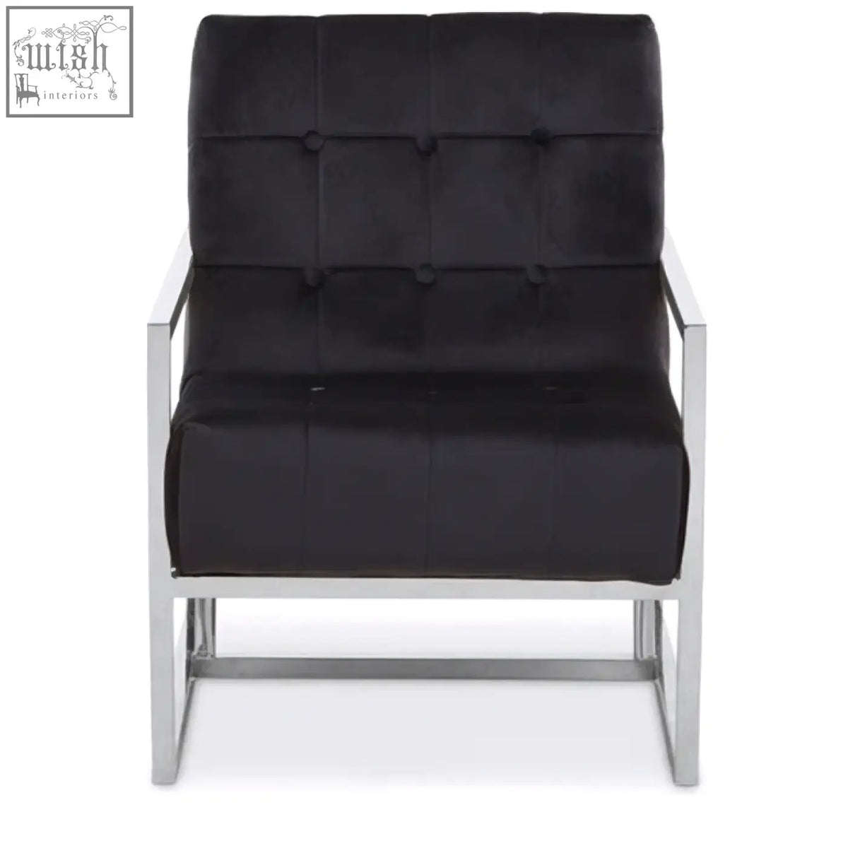 Black tufted velvet chair with sleek chrome stainless steel frame perfect for stylish living spaces