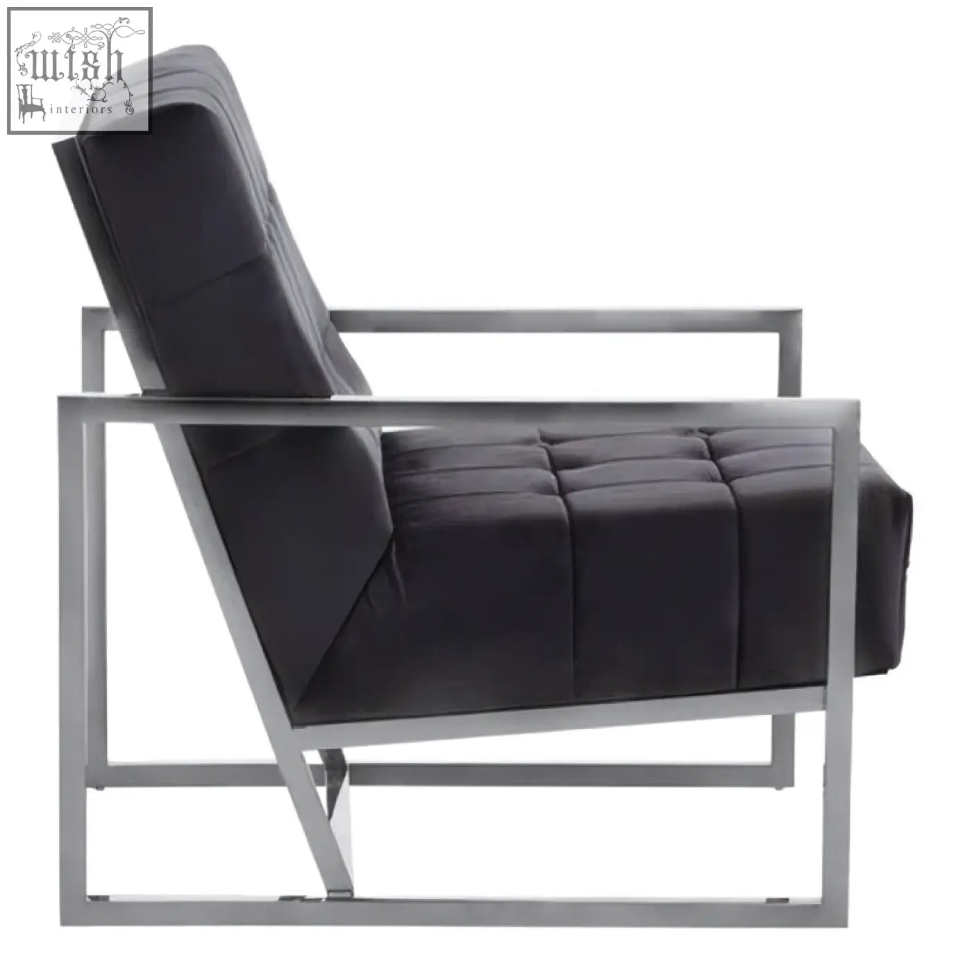 Hana black velvet chair with tufted velvet seat and sleek stainless steel frame for stylish seating
