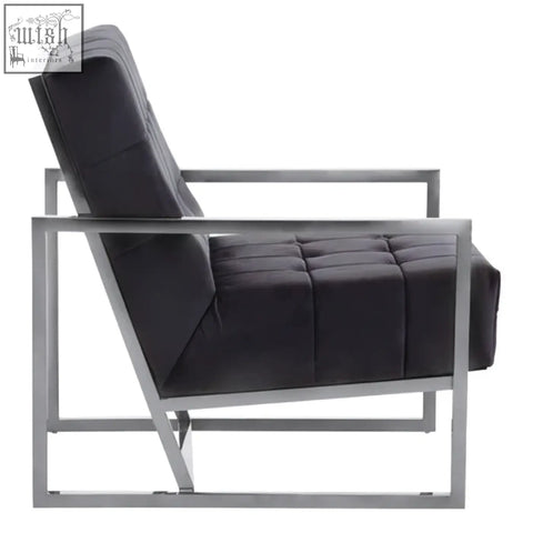 Hana black velvet chair with tufted velvet seat and sleek stainless steel frame for stylish seating