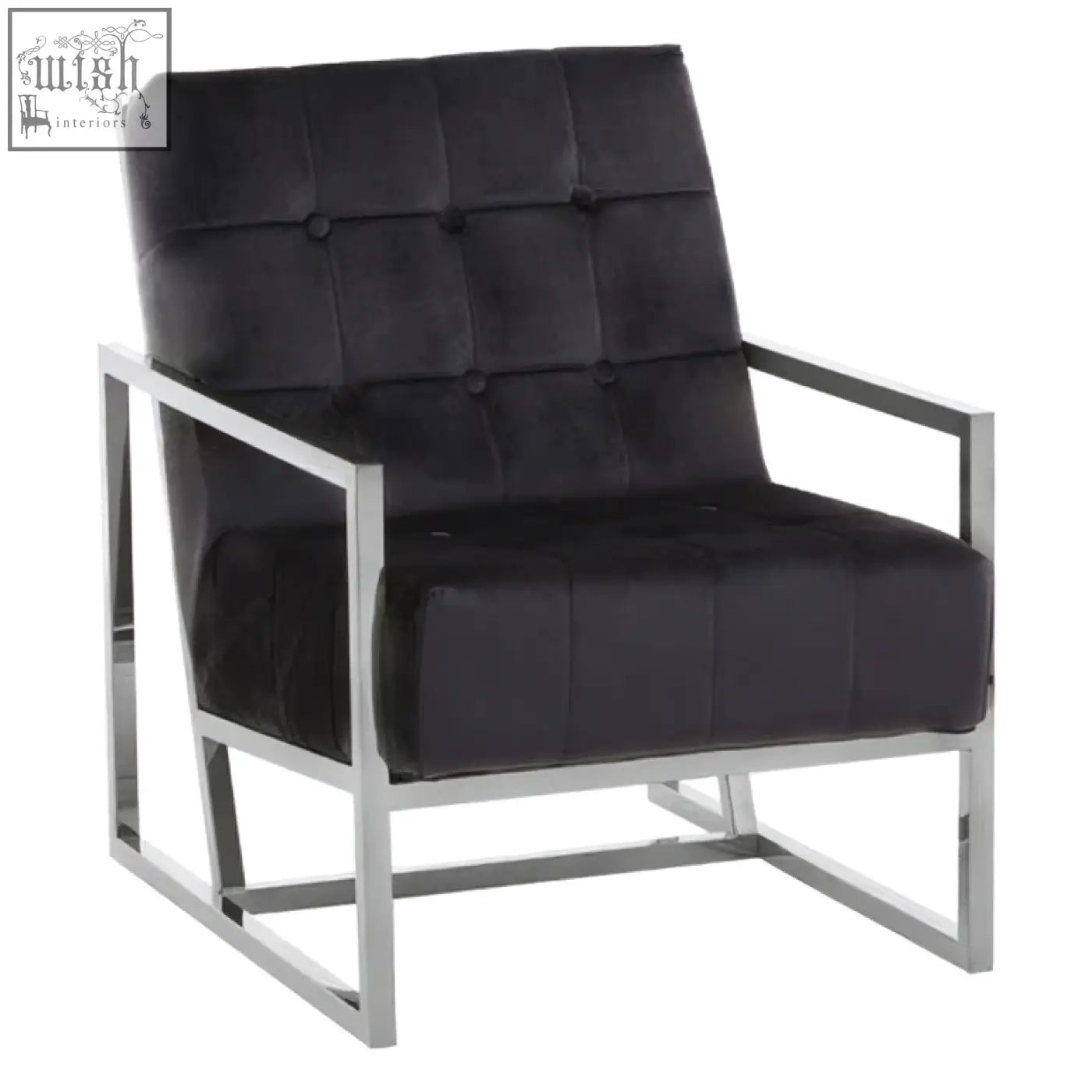 Black tufted velvet chair with a sleek stainless steel frame for modern stylish seating
