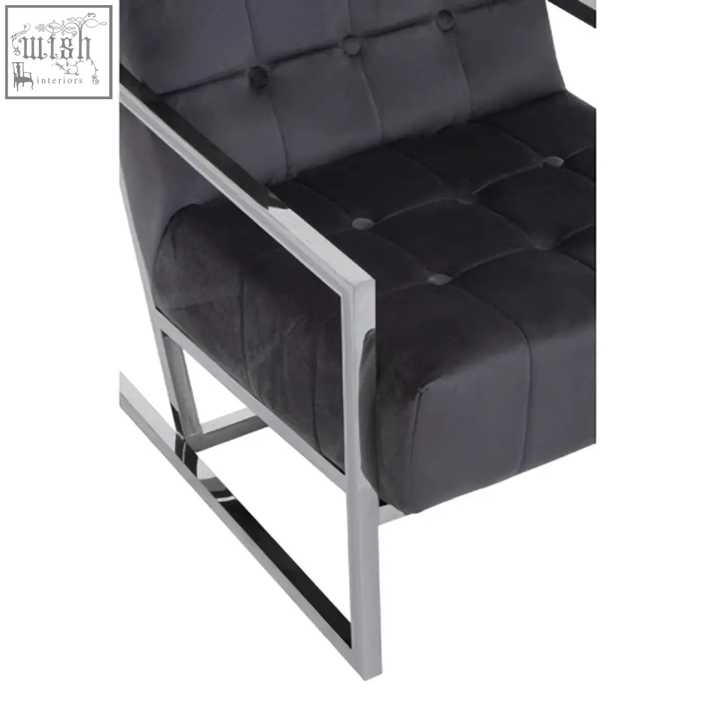 Black tufted leather armchair with a sleek stainless steel frame and steel frame for modern stylish seating