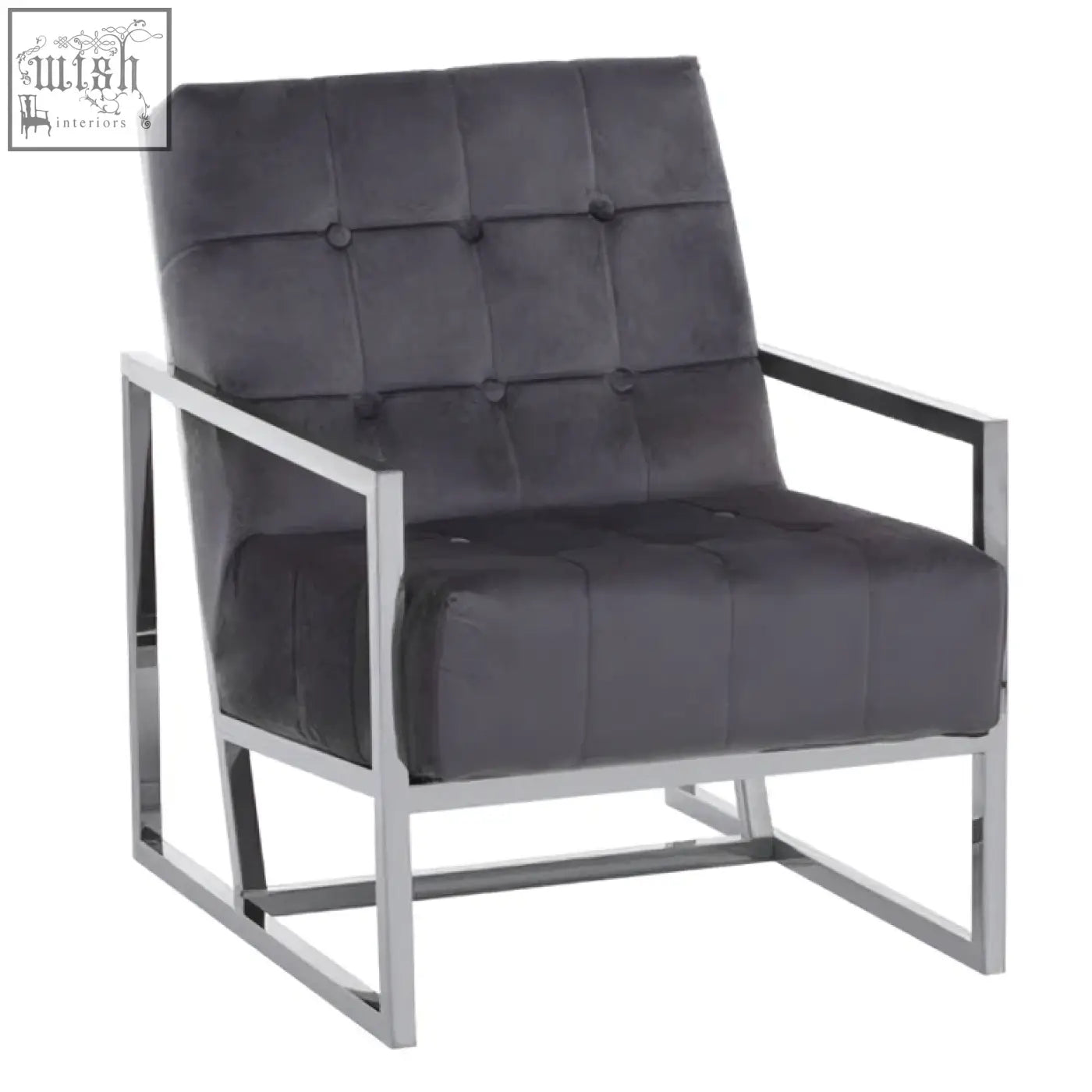 Modern black tufted armchair with sleek stainless steel frame and steel frame for stylish living spaces