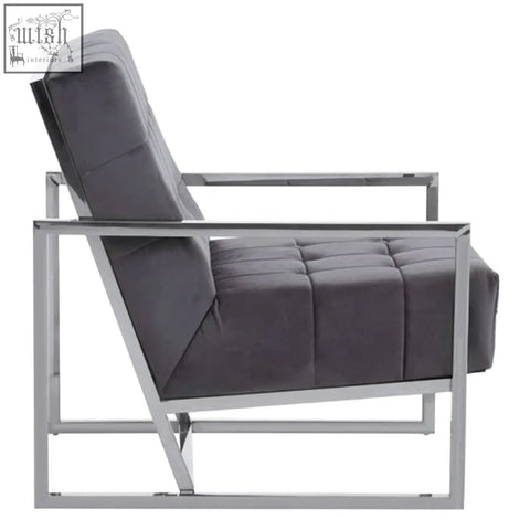 Modern gray upholstered armchair hana grey velvet chair with sleek tufted seat and stainless steel frame