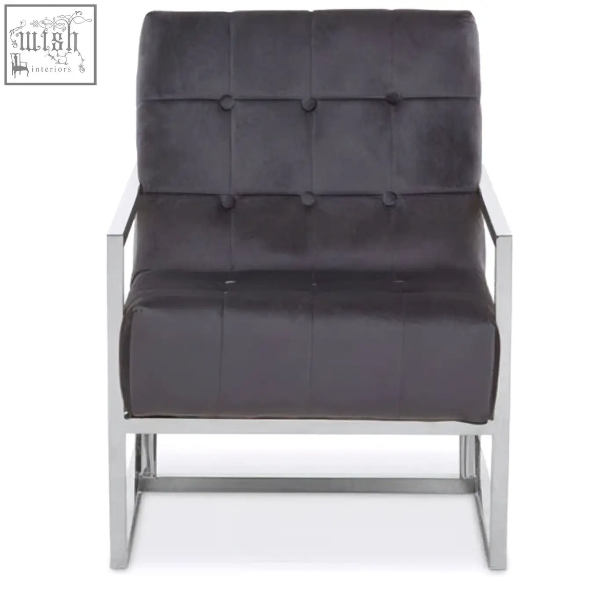 Dark gray tufted velvet armchair with sleek stainless steel frame perfect for modern living spaces