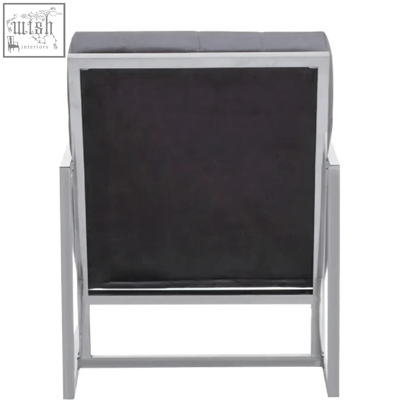 Modern hana grey velvet chair with sleek black upholstery and a shiny stainless steel frame for stylish seating