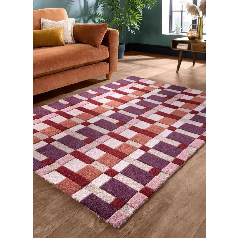 Hand-Carved Wool Geometric Rug – Multicolour - Rugs