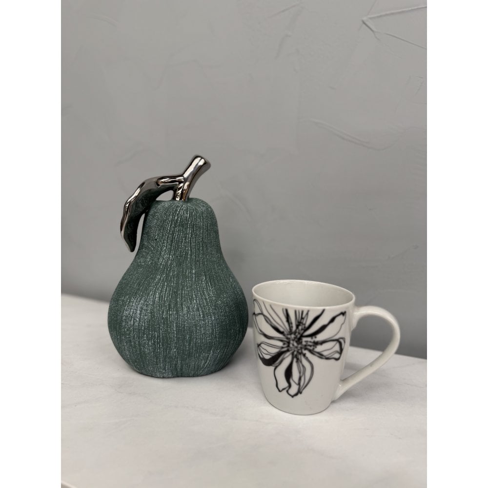 Hand-Cast Ceramic Giant Pear Sculpture - Green Textured Finish with Silver Glazed Leaf