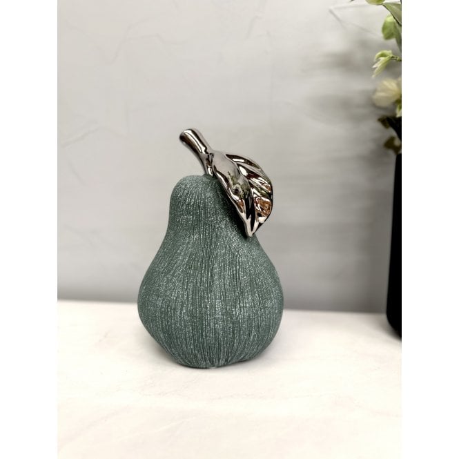 Hand-Cast Ceramic Giant Pear Sculpture - Green Textured Finish with Silver Glazed Leaf